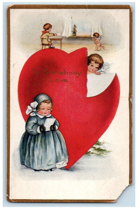 c1910's Valentine Giant Heart Girl Reading Letter Angel Embossed Posted Postcard