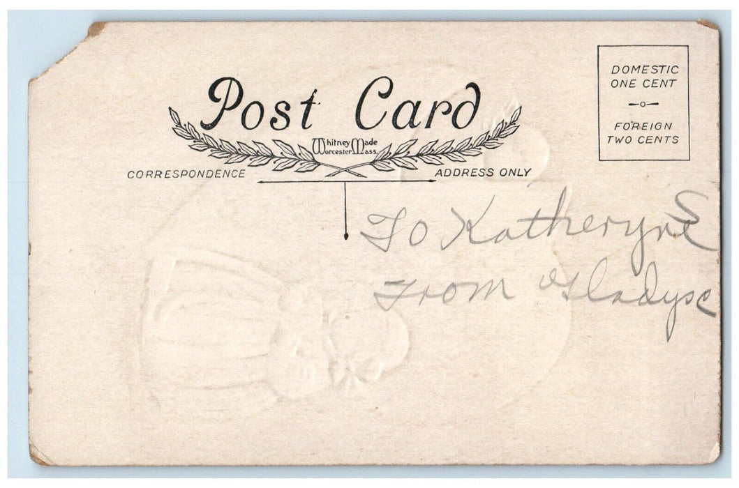 c1910's Valentine Giant Heart Girl Reading Letter Angel Embossed Posted Postcard