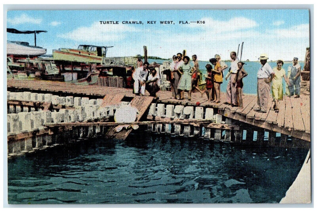 c1940 Turtle Crawls Key Dock Port Shipyard Boat Ship Sea West Florida Postcard