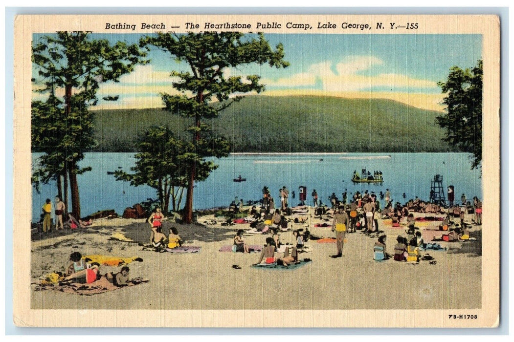 1940 Bathing Beach Hearthstone Public Camp Lake George New York Antique Postcard