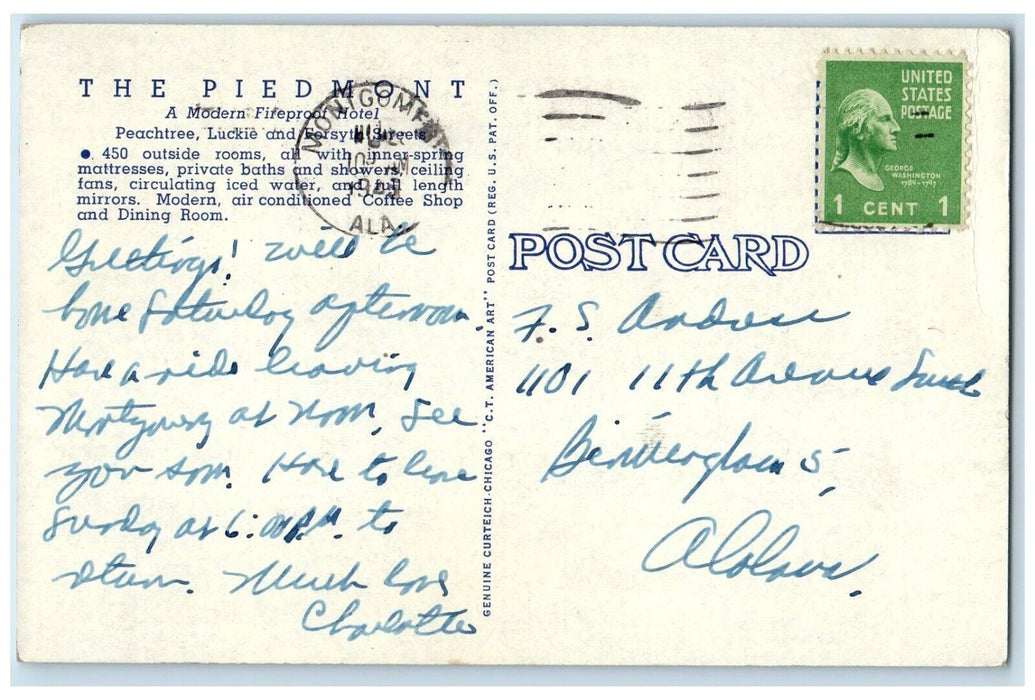 1941 Piedmont Hotel Exterior Building Classic Cars Atlanta Georgia GA Postcard