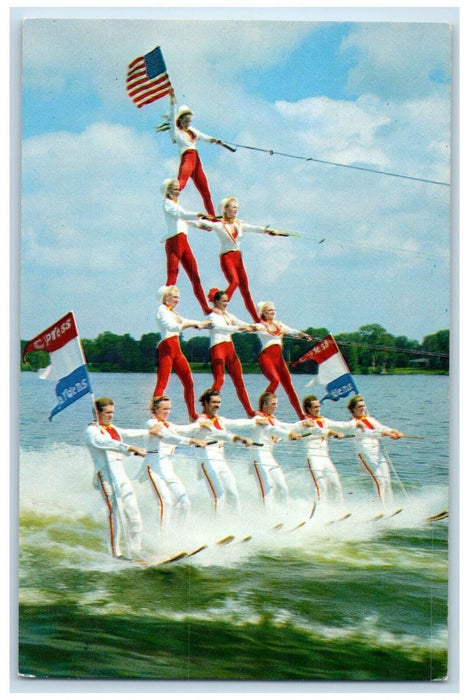 1960 Four-Tier Human Pyramid Florida Cypress Gardens Water Ski Revue FL Postcard