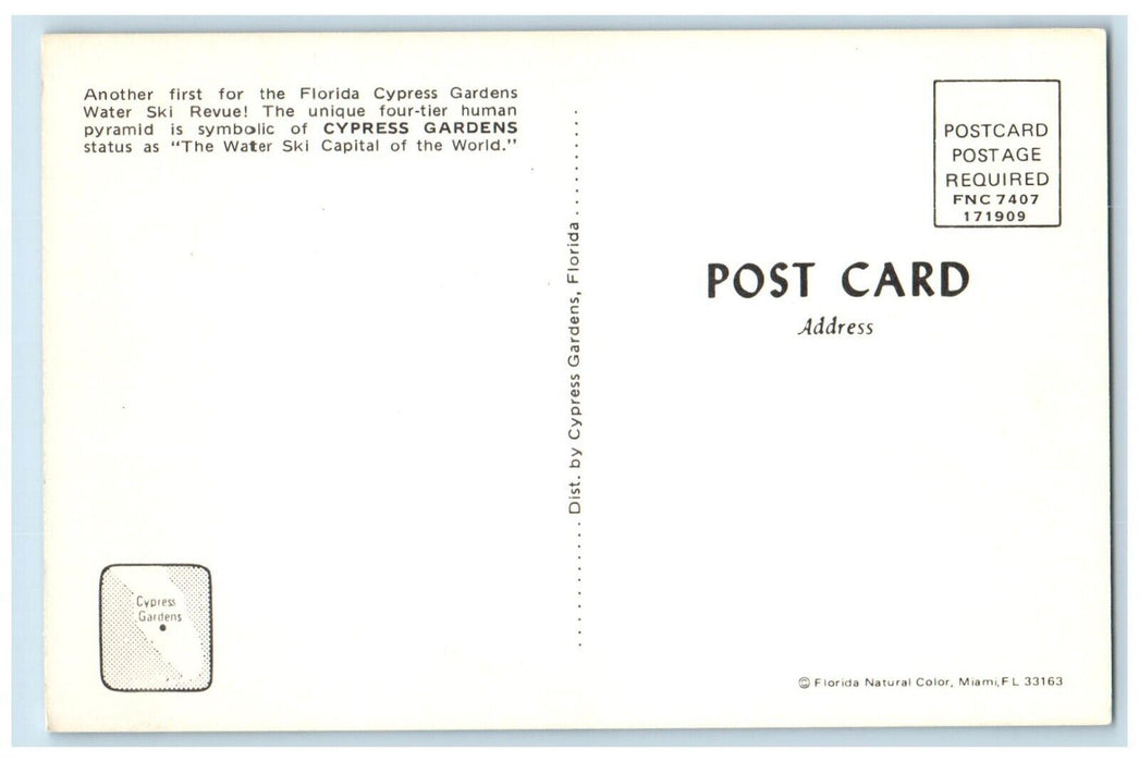 1960 Four-Tier Human Pyramid Florida Cypress Gardens Water Ski Revue FL Postcard