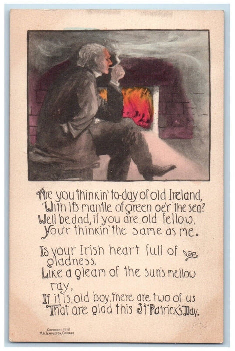 1911 St. Patrick's Day Old Ireland Cigarette Smoke Fireplace Antique Postcard