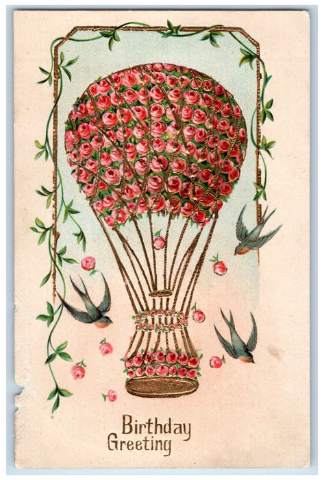 c1910's Birthday Greetings Hot Air Balloon Flowers Embossed Antique Postcard