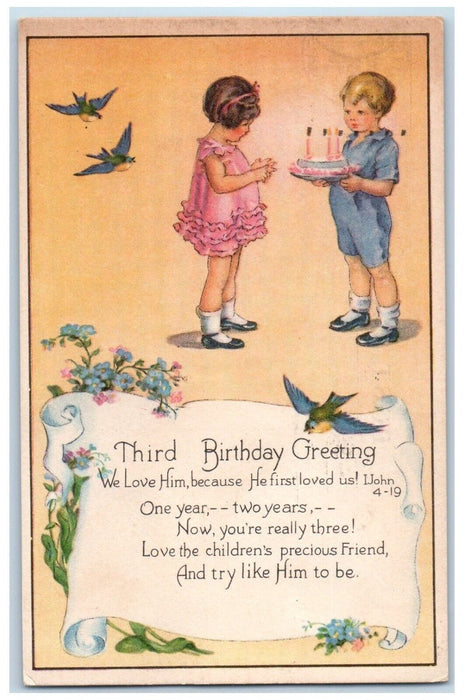 1943 Birthday Greetings Boy Holding Cake Birds Flowers Lawrence MA Postcard