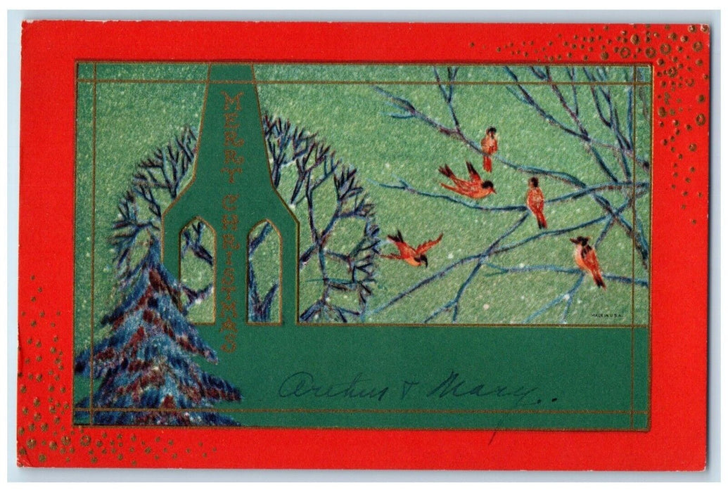 c1905 Merry Christmas Pine Tree Song Birds Embossed Posted Antique Postcard