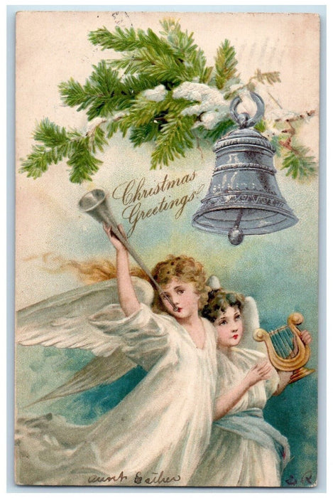 1906 Christmas Greetings Angel Flute Lyre Ringing Bell Pine Nash Posted Postcard