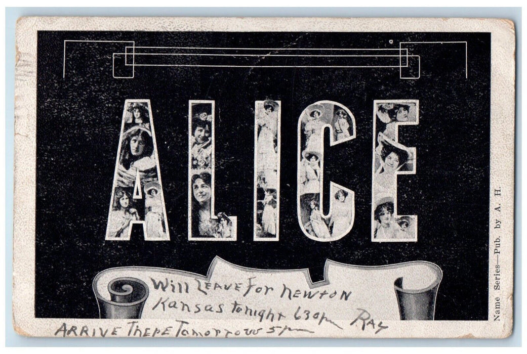 1906 Alice Pretty Woman Large Letters Newton Kansas KS Posted Antique Postcard