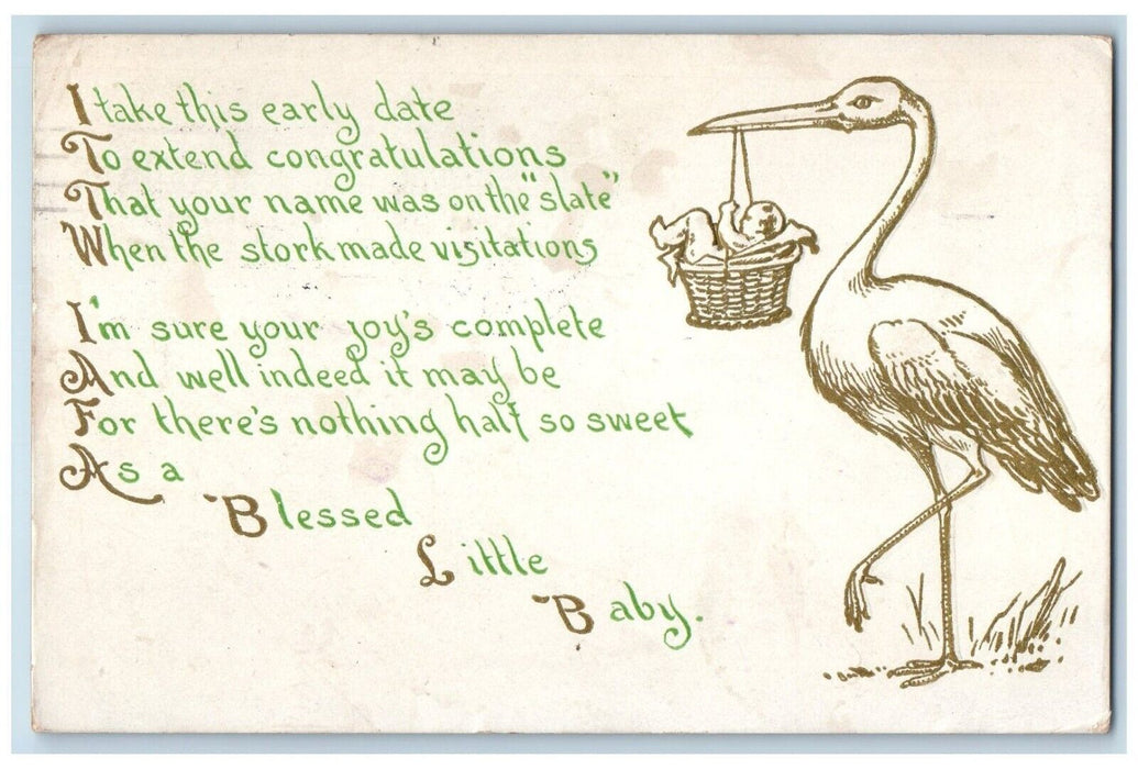 1910 Congratulations Stork Delivering Baby Chicago Illinois IL Embossed Postcard