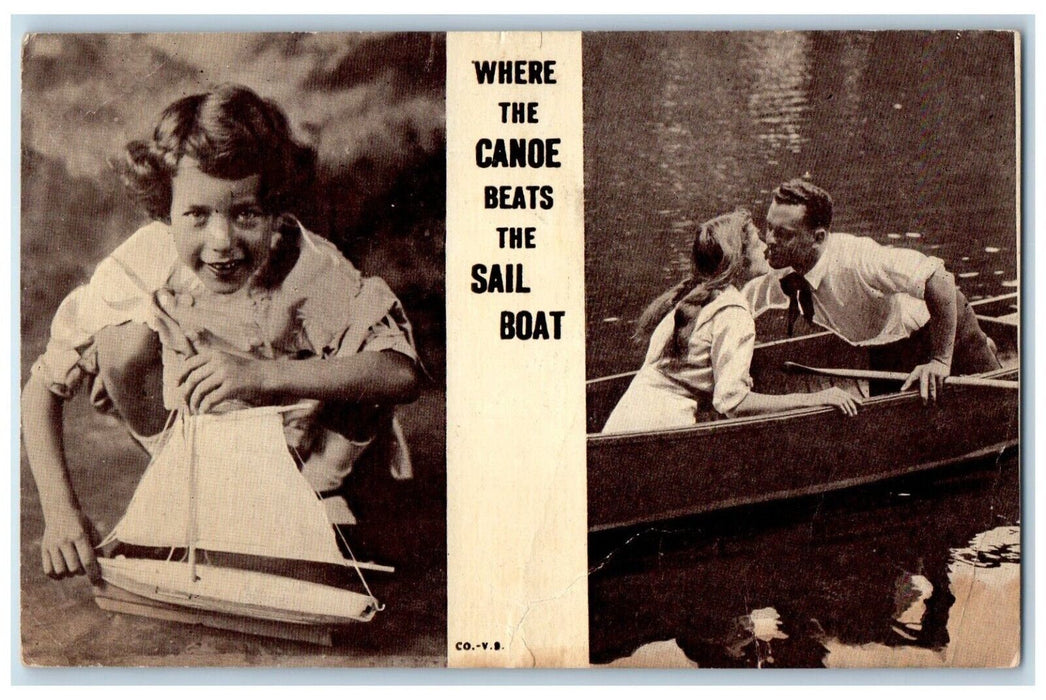 1911 Sweet Couple Kissing Romance Where Th Canoe Beats Sail Boat Posted Postcard