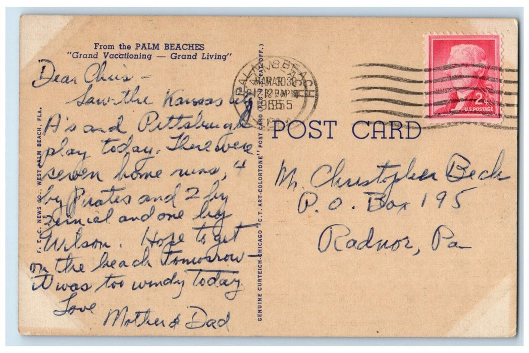 1955 Palm Beaches Moonlight Grand Vacationing Grand Living Florida FL Postcard