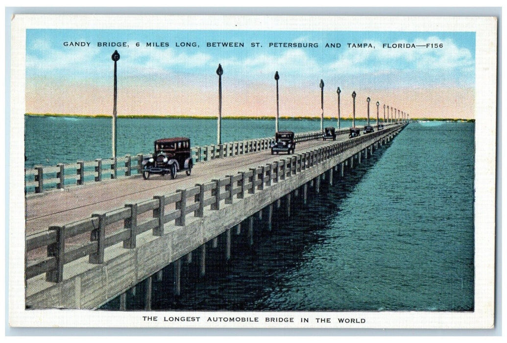 c1940 Gandy Bridge Automobile Classic Cars St. Petersburg Tampa Florida Postcard