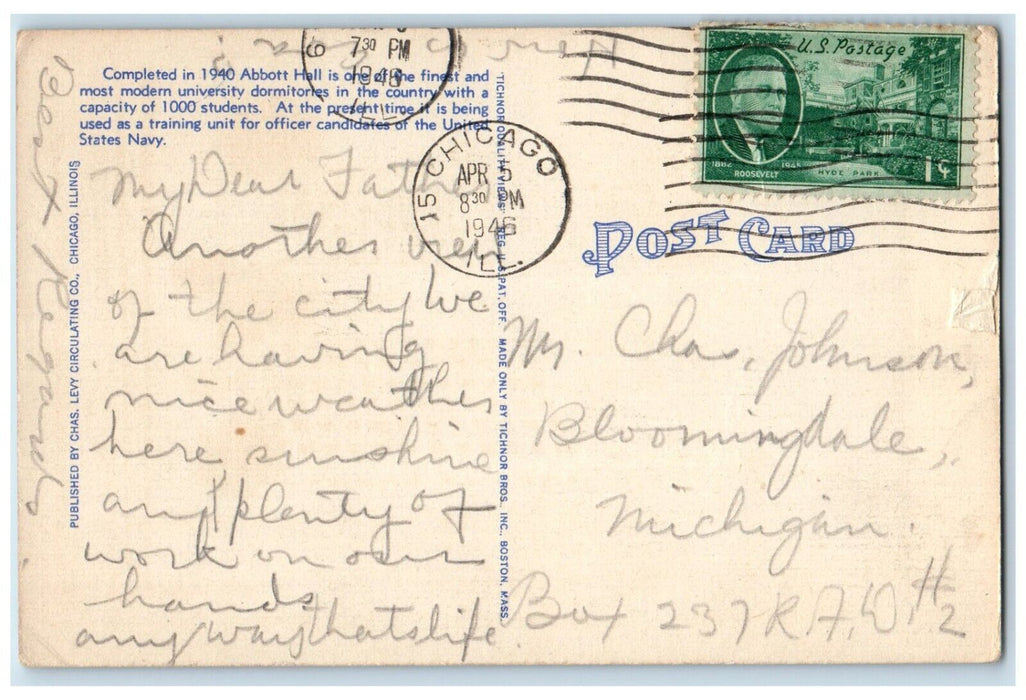 1946 Abbott Hall Northwestern University Dormitories Chicago Illinois Postcard