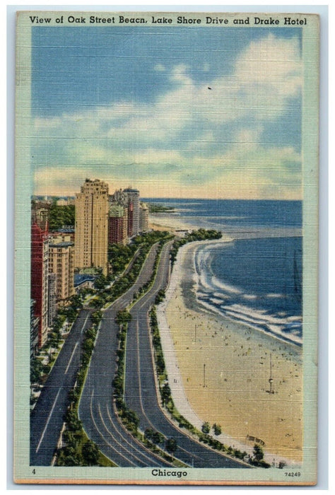 1946 Oak Street Beach Lake Shore Drive Drake Hotel Chicago Illinois IL Postcard