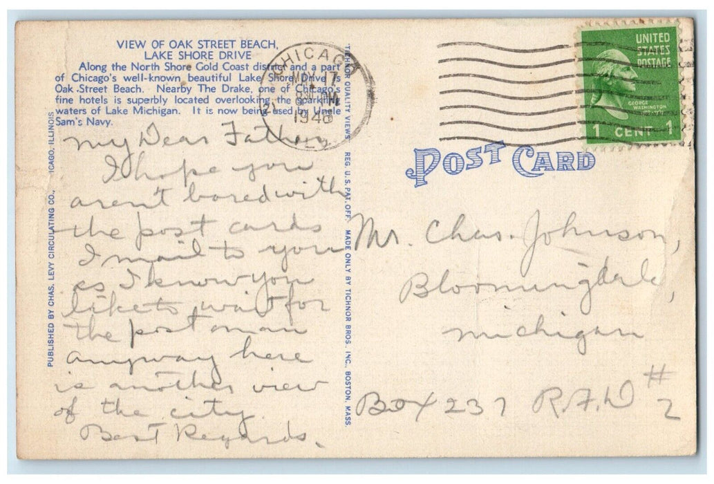 1946 Oak Street Beach Lake Shore Drive Drake Hotel Chicago Illinois IL Postcard