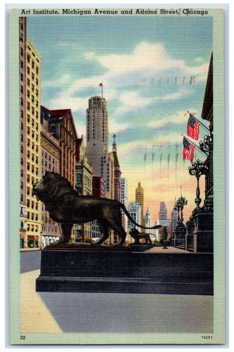 1947 Art Institute Michigan Avenue Adams Street Statue Chicago Illinois Postcard