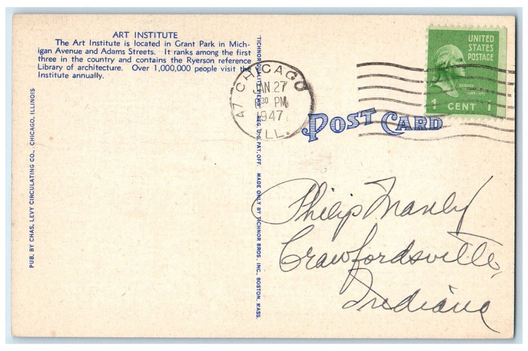 1947 Art Institute Michigan Avenue Adams Street Statue Chicago Illinois Postcard