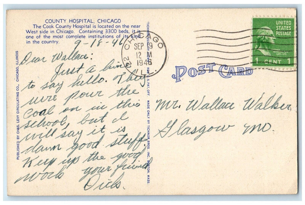 1946 County Hospital Cook West Side Exterior Building Chicago Illinois Postcard