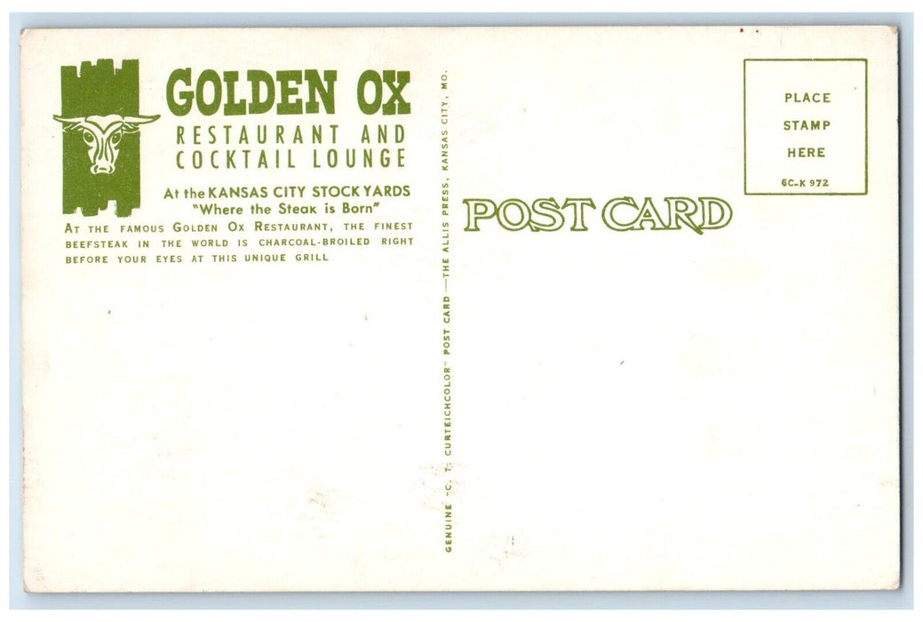 c1960 Golden Ox Restaurant Cocktail Lounge Kansas City Stockyards Chef Postcard