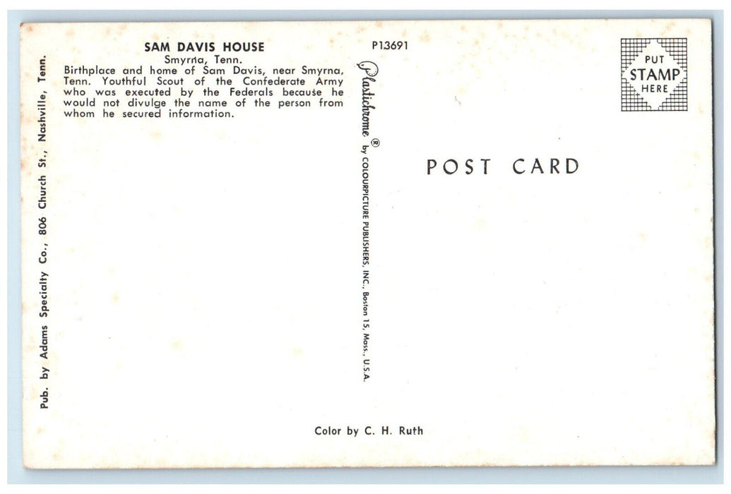 c1960 Sam Davis House Youthful Scout Confederate Army Smyrna Tennessee Postcard