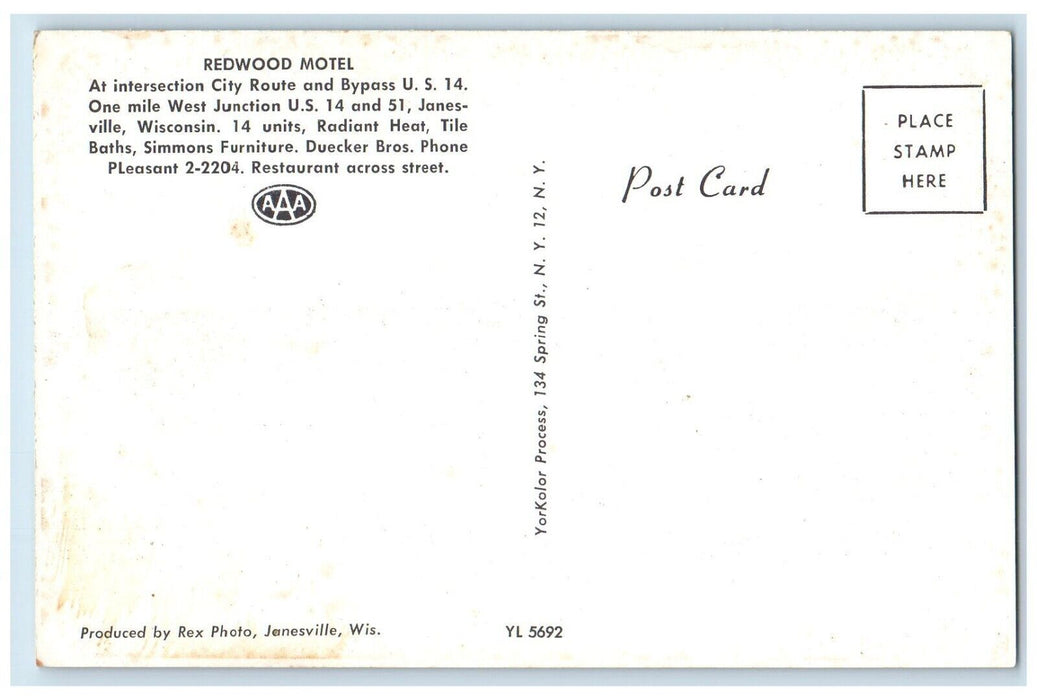 c1960 Redwood Motel Intersection City Route Hotel Janesville Wisconsin Postcard