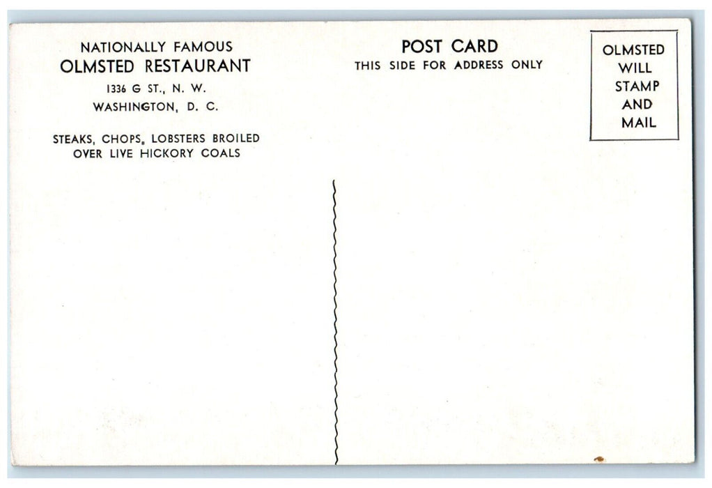 c1940 Olmsted Restaurant Seafood Exterior Building Washington D.C. WA Postcard