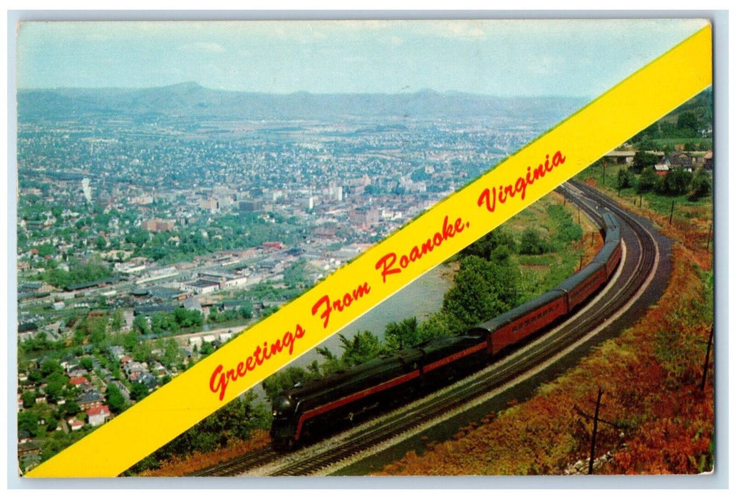 1960 Greetings Aerial View Modern Passenger Train Roanoke Virginia VA Postcard