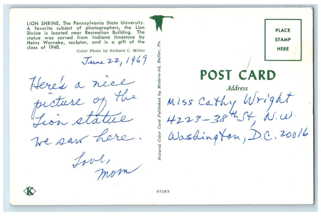 c1969 Lion Shrine Pennsylvania State University Recreation Building PA Postcard