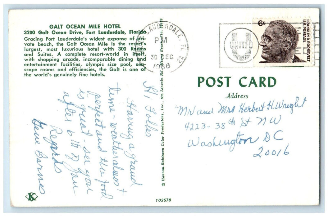 1968 Galt Ocean Mile Hotel Ocean Drive Exterior Fort Lauderdale Florida Postcard