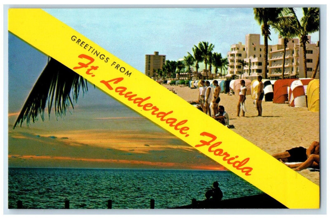 c1960 Greetings Beach Sunset Seacoast Fort Lauderdale Florida FL Banner Postcard