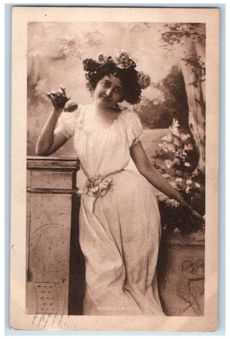1912 Pretty Woman Curly Hair Flowers On Head Warsaw Indiana IN Antique Postcard