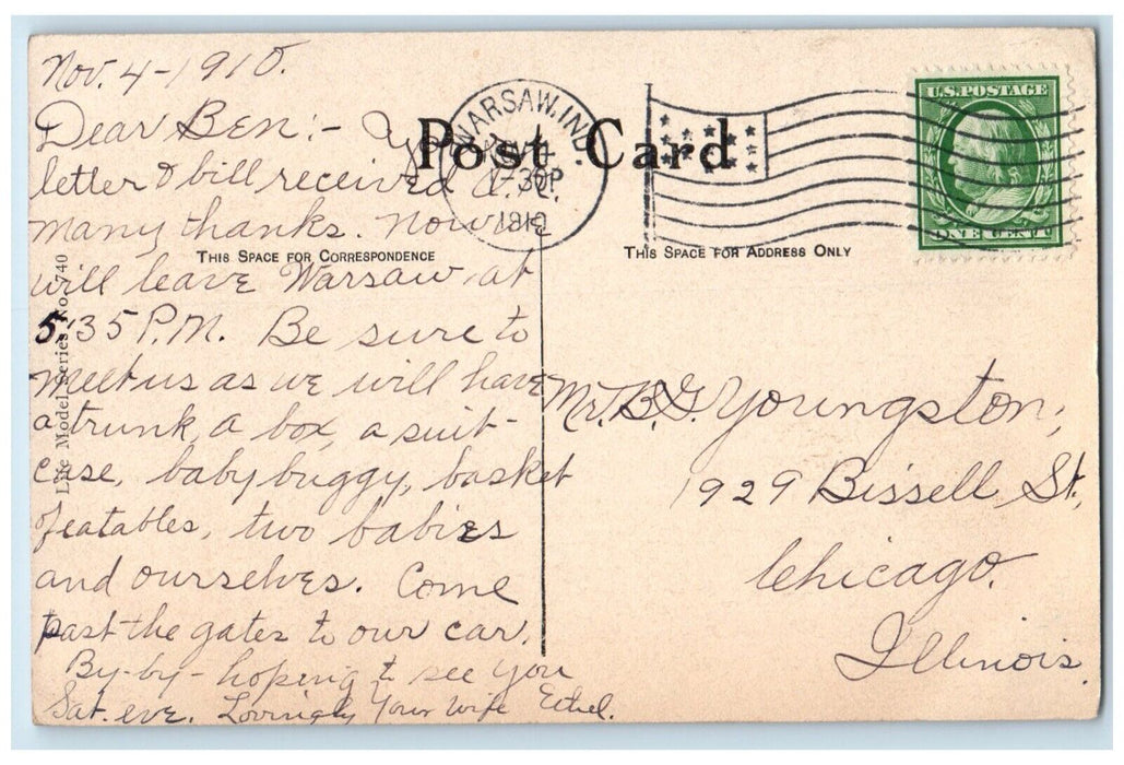 1912 Pretty Woman Curly Hair Flowers On Head Warsaw Indiana IN Antique Postcard