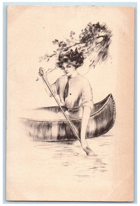 1910 Pretty Woman Boat Canoeing Warsaw Indiana IN Posted Antique Postcard