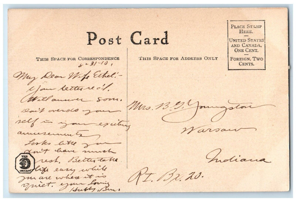 1910 Pretty Woman Boat Canoeing Warsaw Indiana IN Posted Antique Postcard
