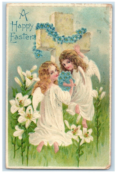 1909 Happy Easter Holy Cross Angel Pansies Lily Flowers Wilmington DE Postcard