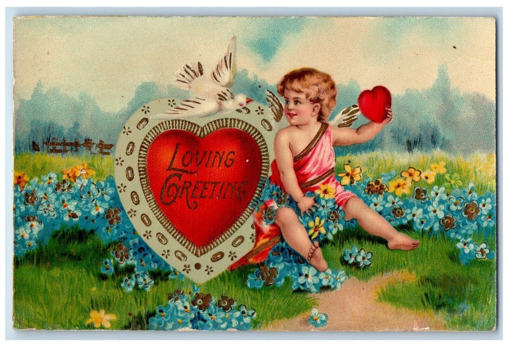 Valentine Greeting Big Heart Angel Dove Pansies Flowers Gel Warsaw IN Postcard