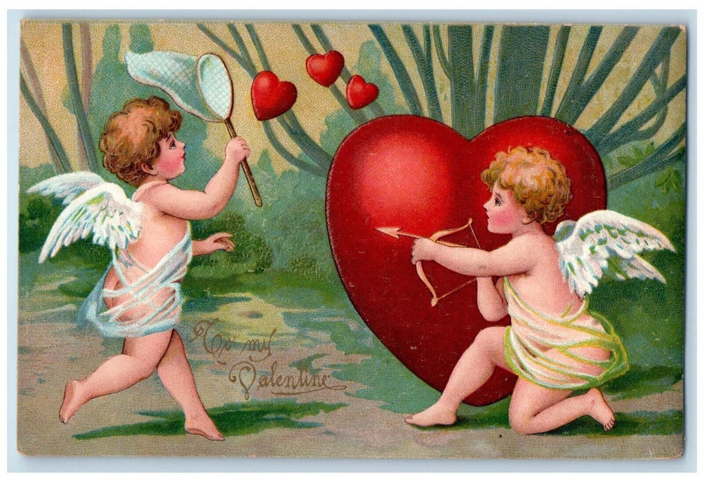 1910 Valentine Angels Caching Hearts Bow And Arrow Chicago Illinois IL Postcard