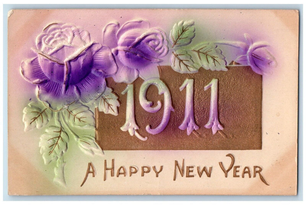 1911 Happy New Year Purple Flowers Airbrushed Embossed Angola IN Posted Postcard