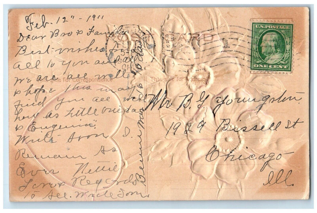 1911 Valentine Heart Flowers Airbrushed Embossed Chicago Illinois IL Postcard