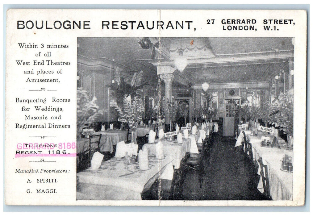 c1950's Boulogne Restaurant Dining Room London England Vintage Postcard