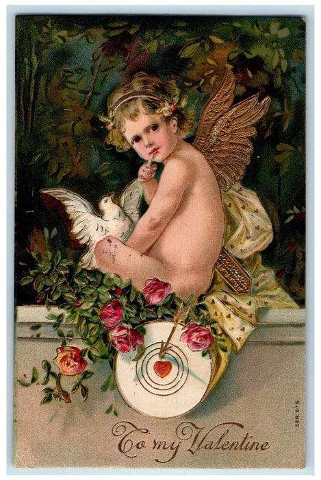 1909 Valentine Angel Dove Flowers Embossed Chicago Illinois IL Antique Postcard