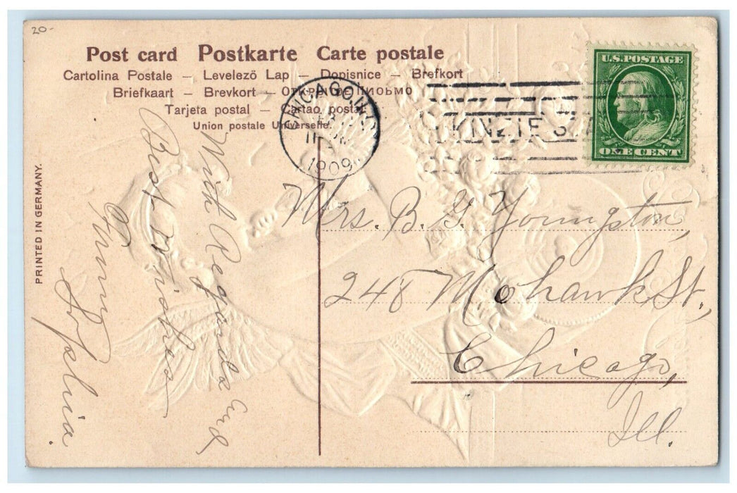 1909 Valentine Angel Dove Flowers Embossed Chicago Illinois IL Antique Postcard
