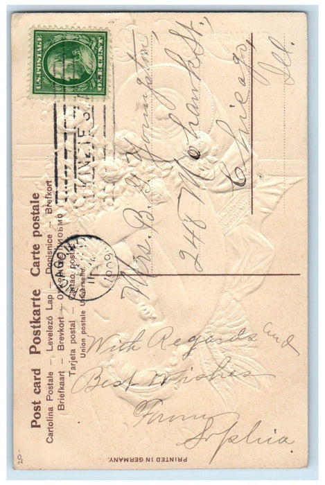 1909 Valentine Angel Dove Flowers Embossed Chicago Illinois IL Antique Postcard