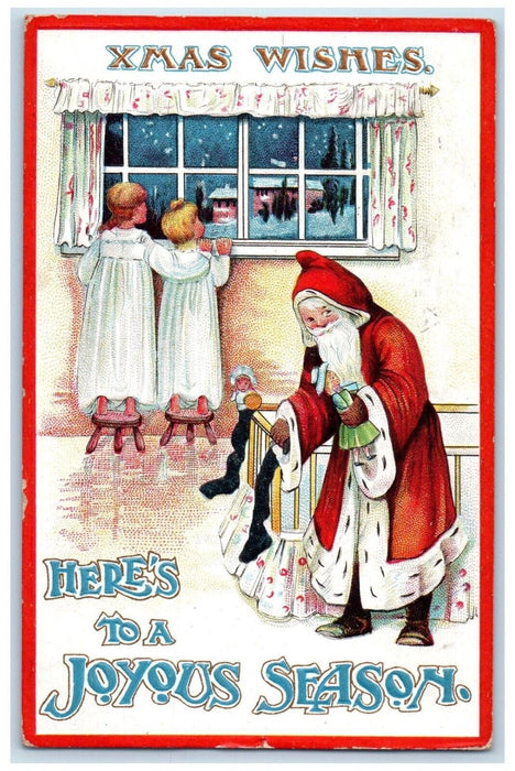 c1910's Christmas Santa Claus Putting Toys Stockings Embossed Warsaw IN Postcard