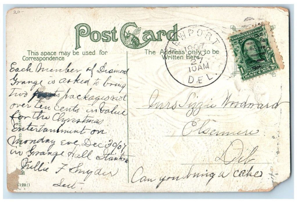 1907 Merry Christmas And New Year Angel Lightning Candles Newport DE Postcard