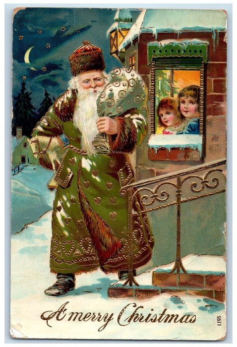 1909 Merry Christmas Green Robe Santa Claus Giving Toys Gel Gold Gilt Postcard