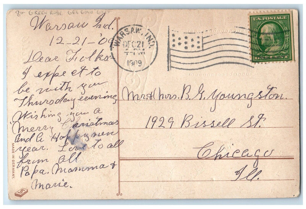 1909 Merry Christmas Green Robe Santa Claus Giving Toys Gel Gold Gilt Postcard