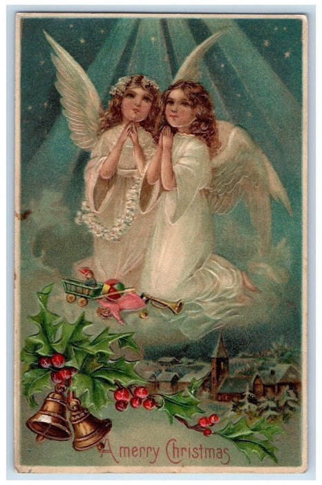 1908 Christmas Praying Angel Holly Berries Ringing Bell Pittsburg PA Postcard