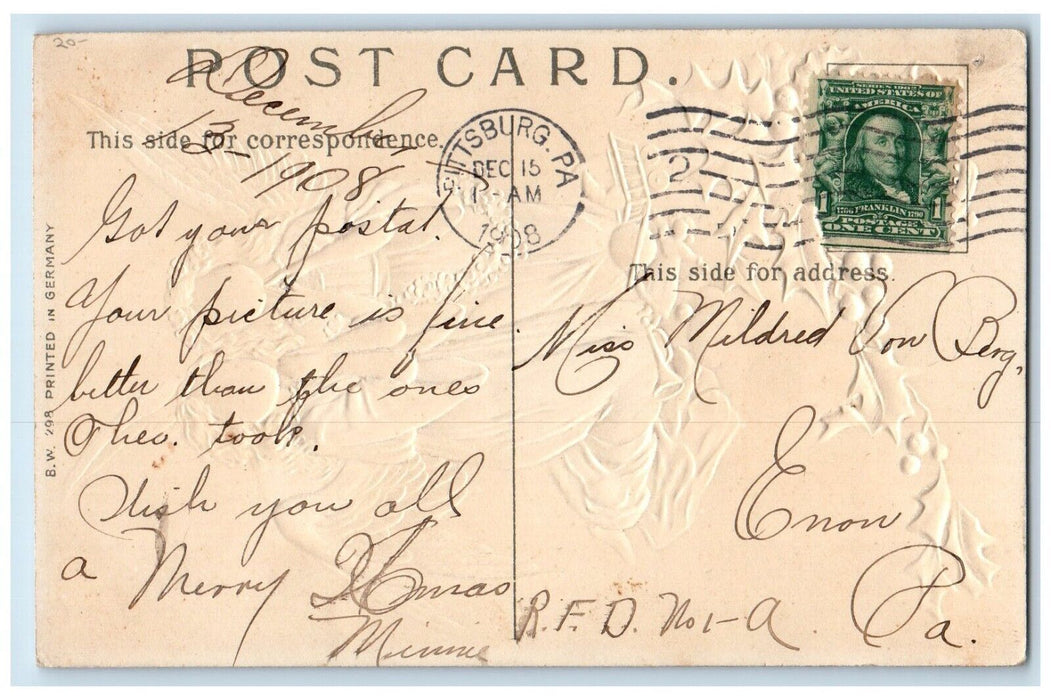 1908 Christmas Praying Angel Holly Berries Ringing Bell Pittsburg PA Postcard